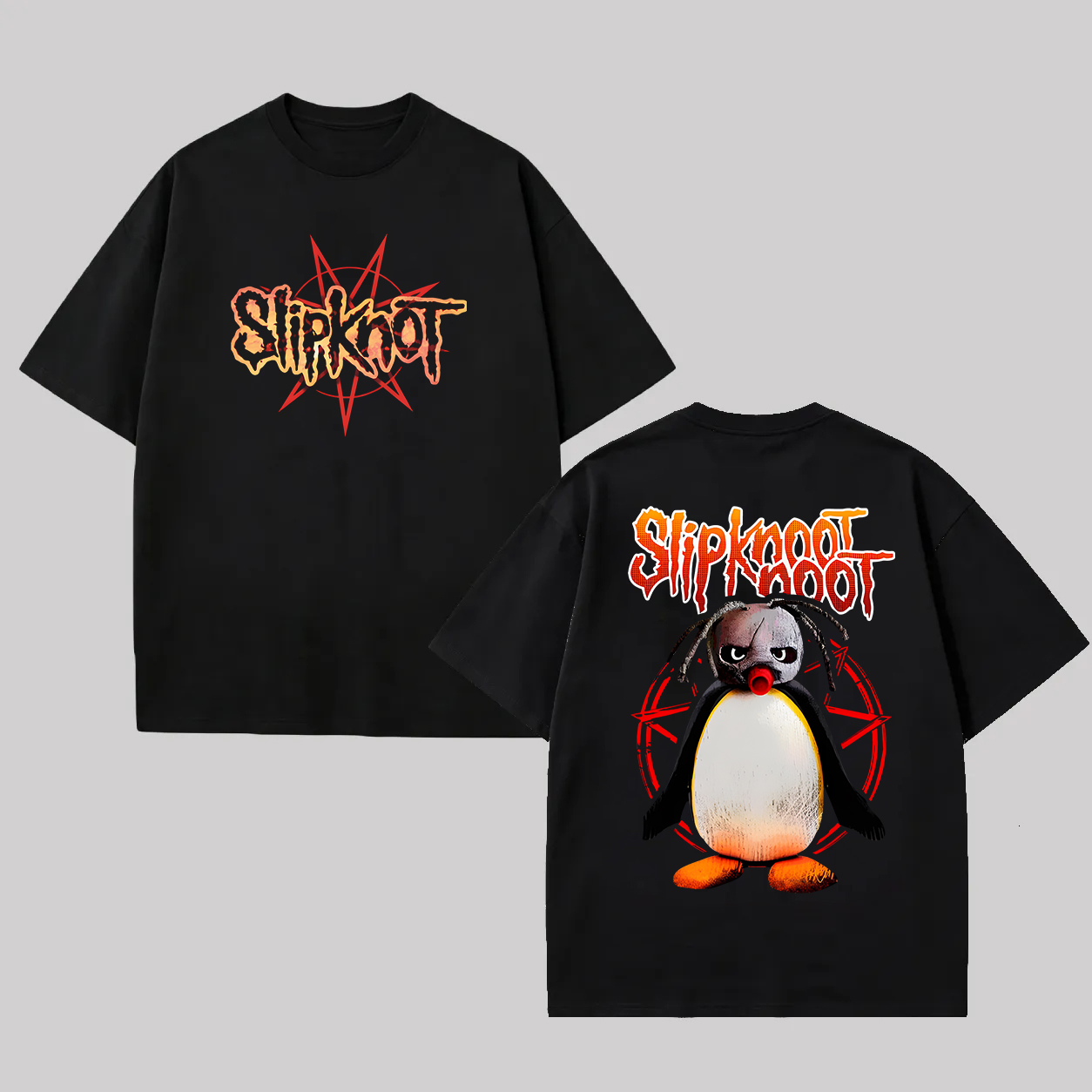  Front Star Logo Creepy Penguin Oversized Black T-Shirt