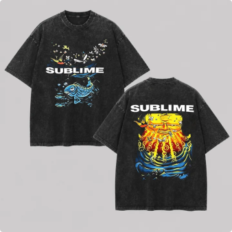 Front Blue Fish Motif Vibrant Sea Sun Back Oversized Tee