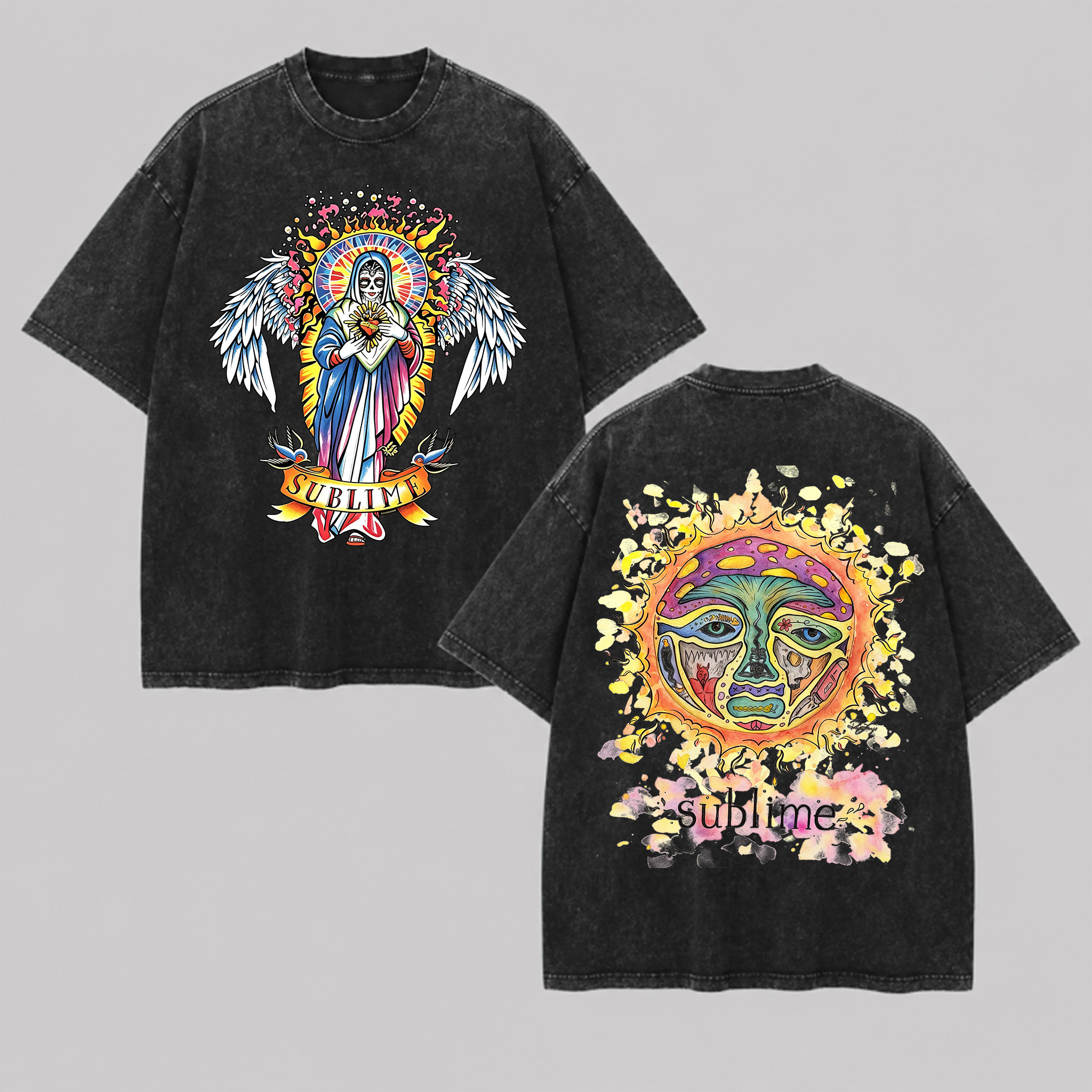 Vivid Tattoo-Style Front Saint Art Watercolor Sun Back Tee