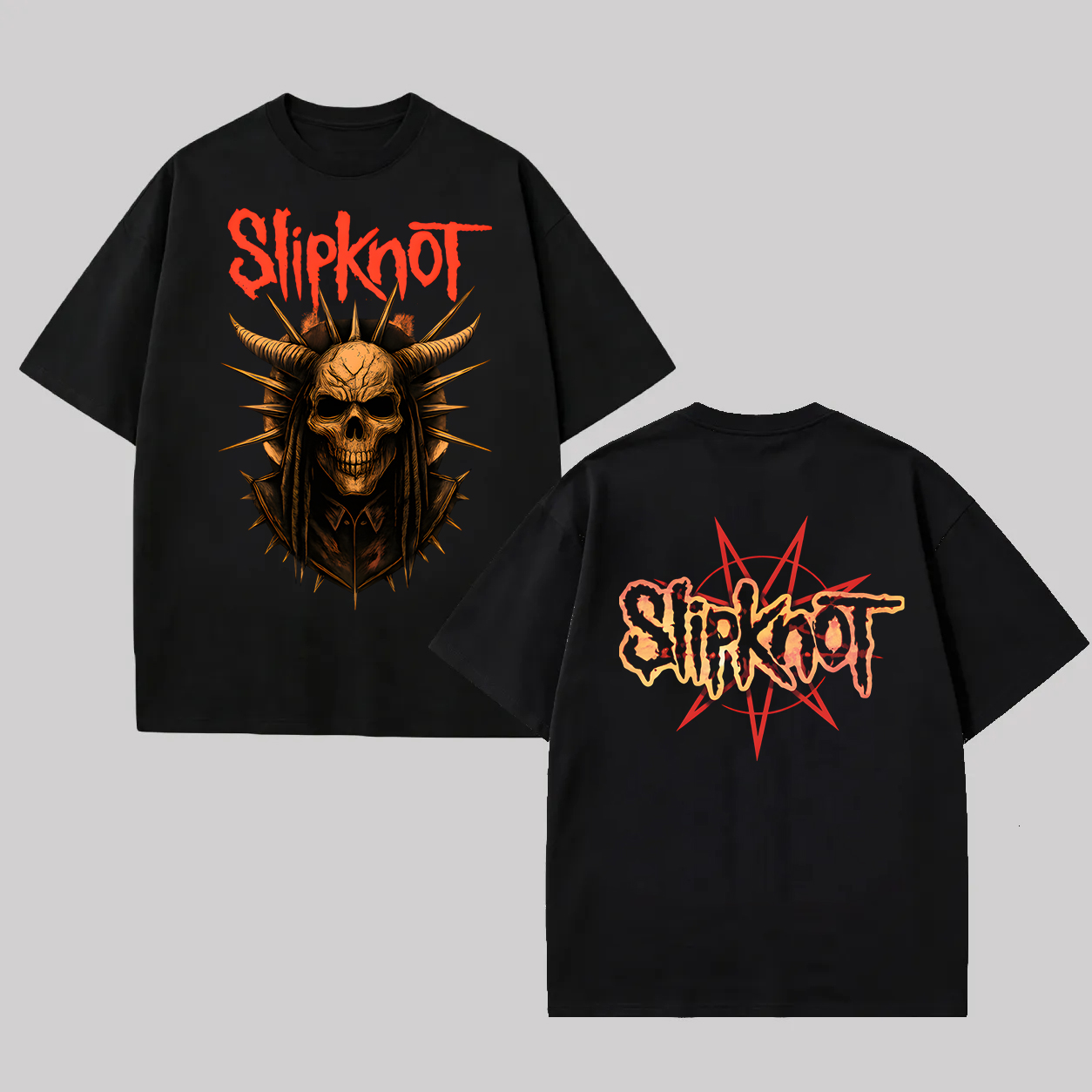 Front Spiky Skull Graphic Back Red Star Logo Oversized Tee