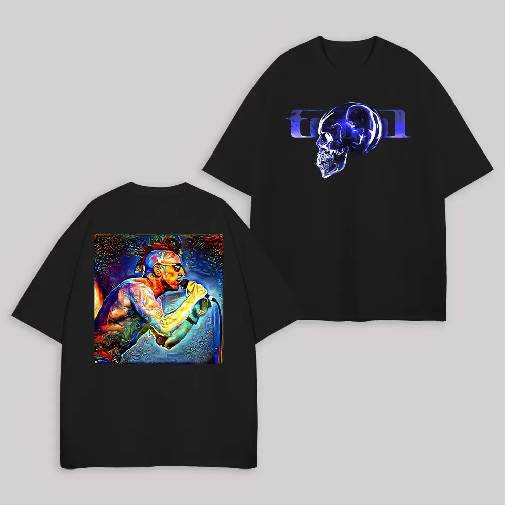 Double-Sided Tool Blue Gradient Skull & Live Singer Graphic Black T-Shirt