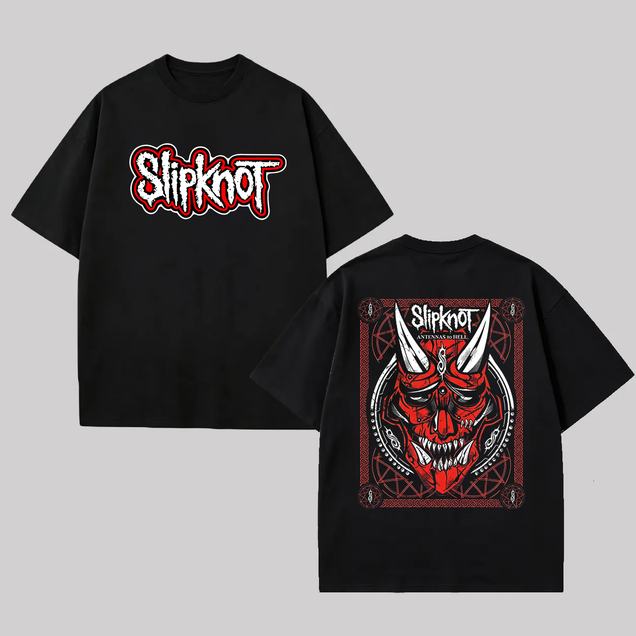 Front Bordered Logo Red Demon Mask Oversized Metal T-Shirt