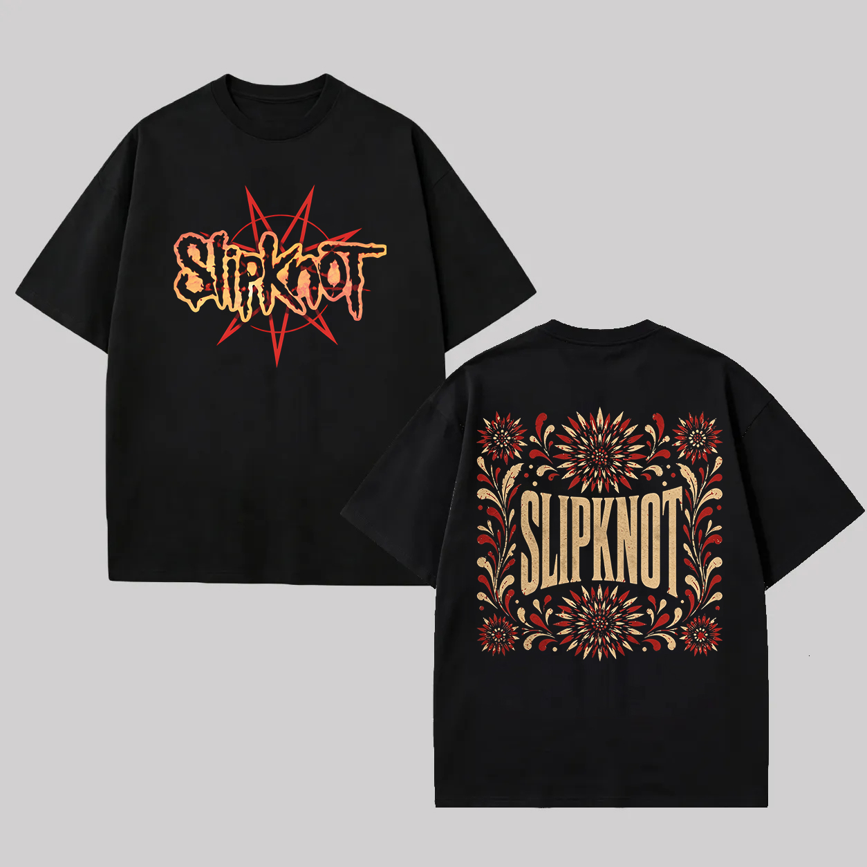 Front Star Logo Ornate Floral Backprint Oversized Metal T-Shirt