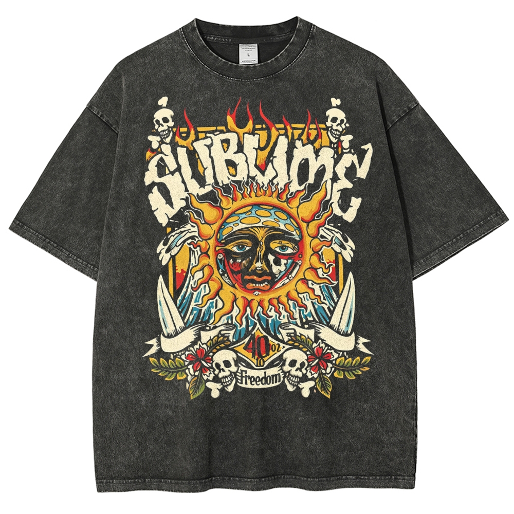 Vintage Washed Surf Skull Sun Oversized Rock Tee