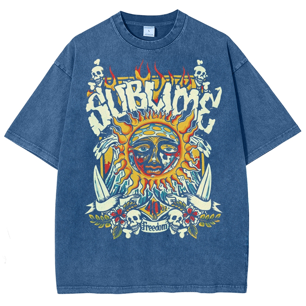 Vintage Washed Surf Skull Sun Oversized Rock Tee
