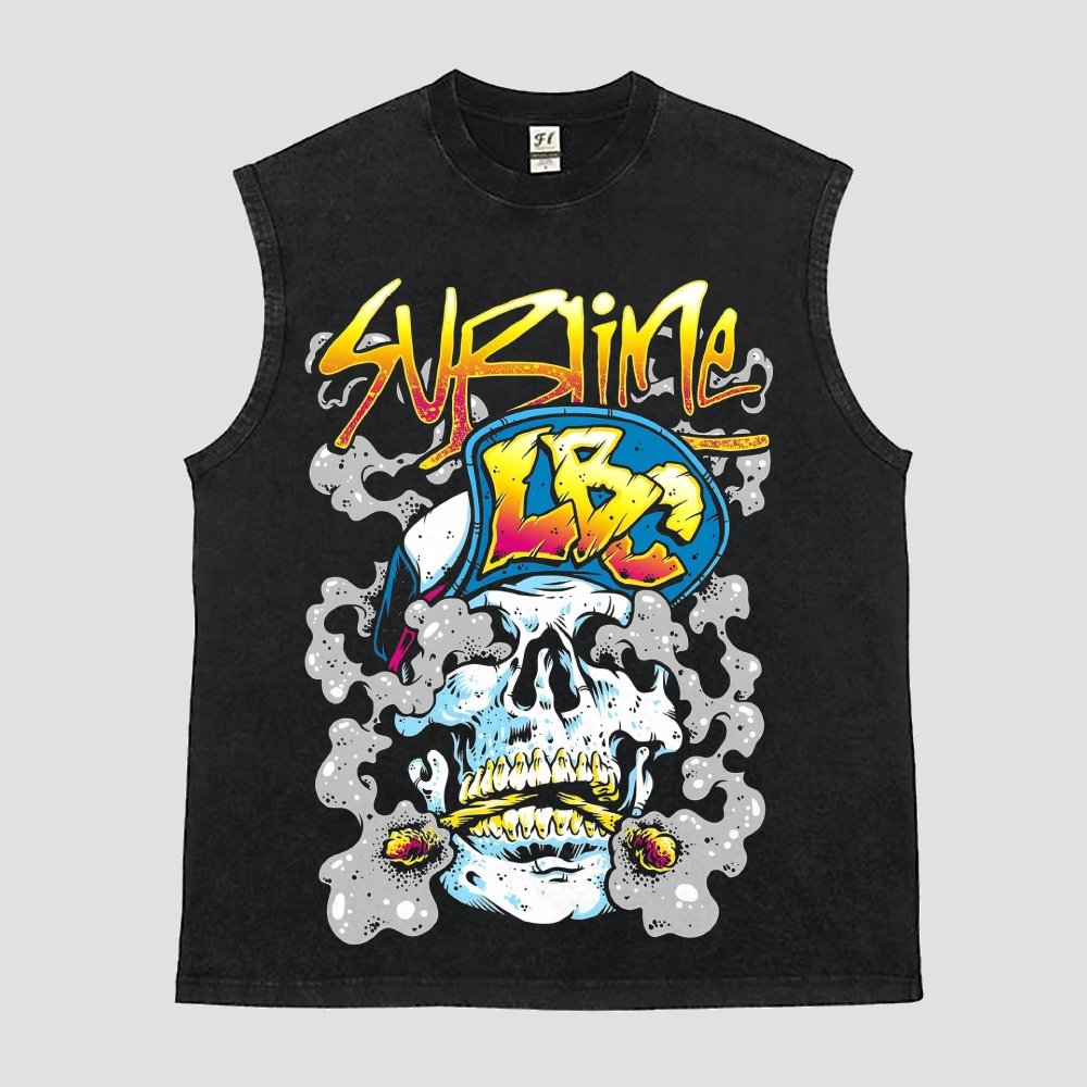 Smoke Cap Skull Graphic Washed Sleeveless Tee