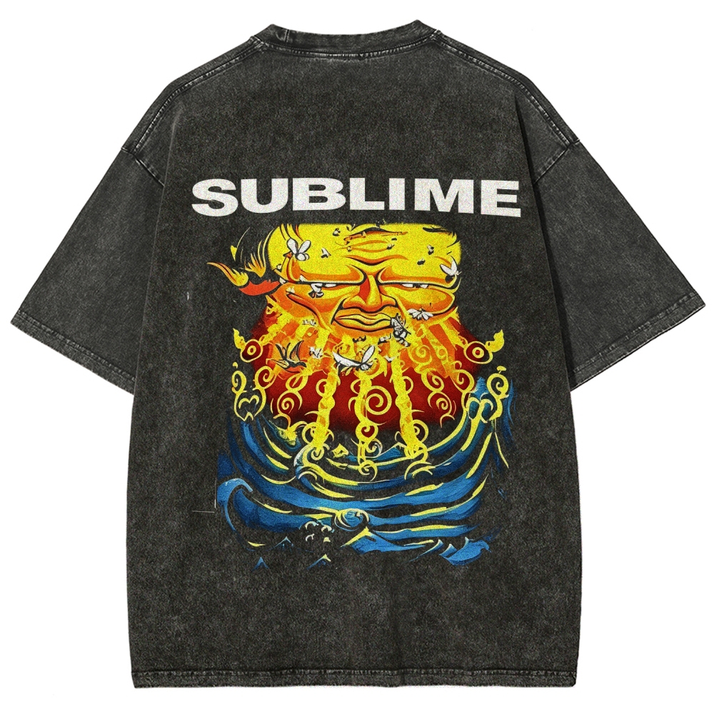 Front Blue Fish Motif Vibrant Sea Sun Back Oversized Tee