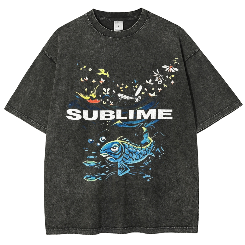 Front Blue Fish Motif Vibrant Sea Sun Back Oversized Tee
