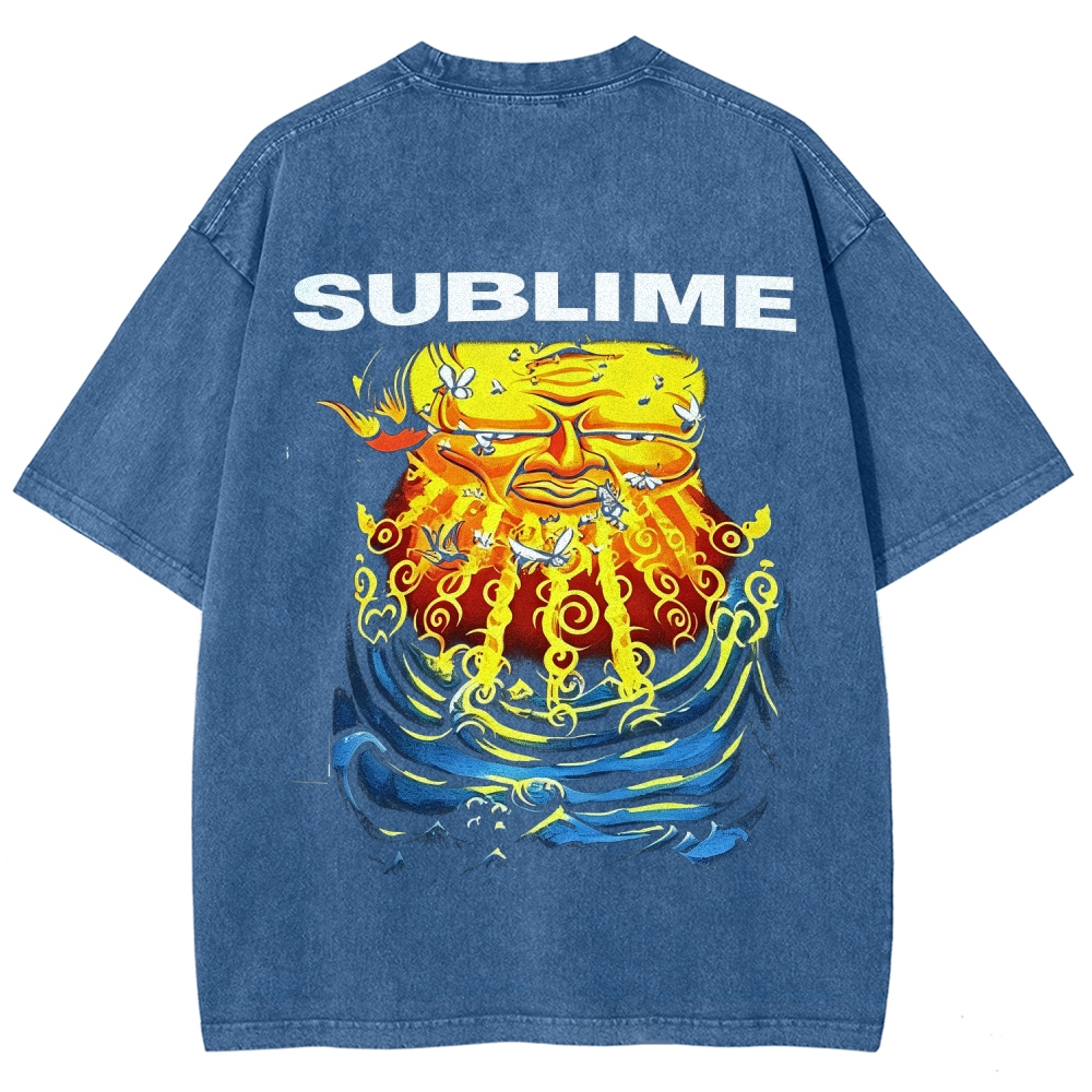 Front Blue Fish Motif Vibrant Sea Sun Back Oversized Tee