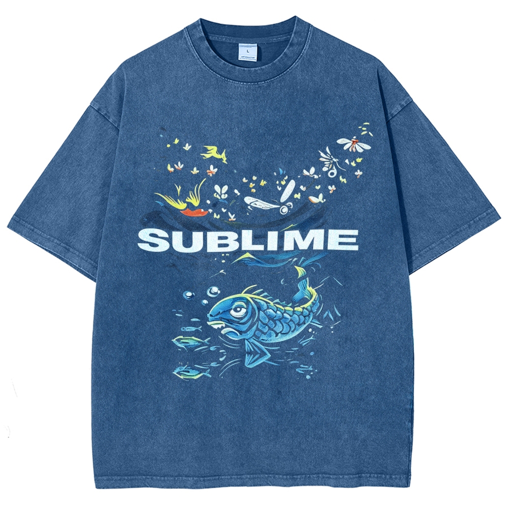 Front Blue Fish Motif Vibrant Sea Sun Back Oversized Tee
