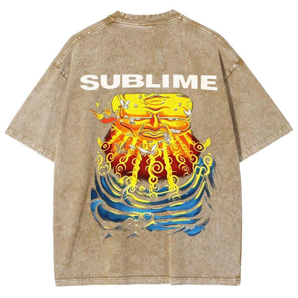 Front Blue Fish Motif Vibrant Sea Sun Back Oversized Tee