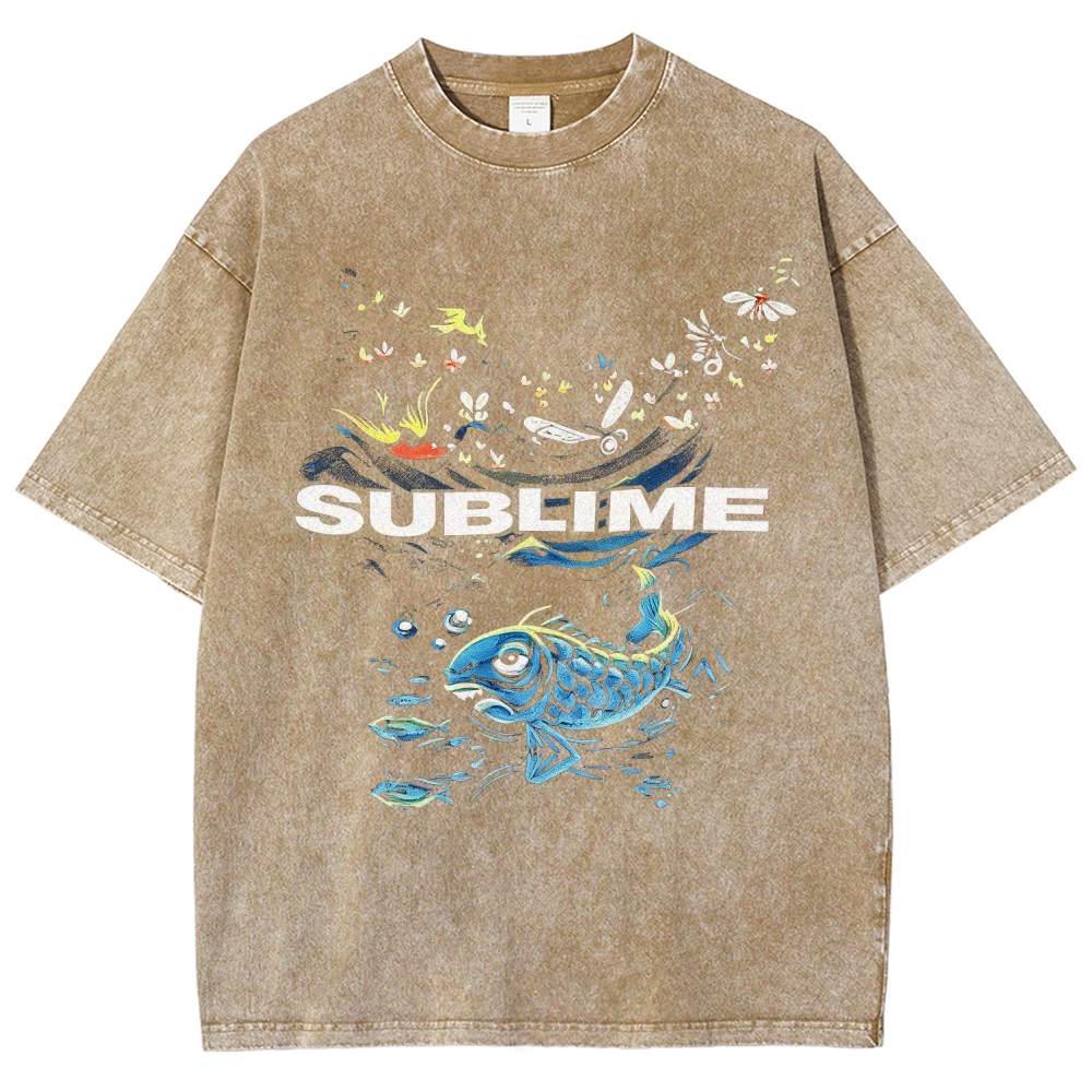 Front Blue Fish Motif Vibrant Sea Sun Back Oversized Tee