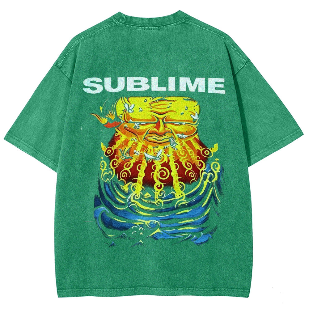 Front Blue Fish Motif Vibrant Sea Sun Back Oversized Tee