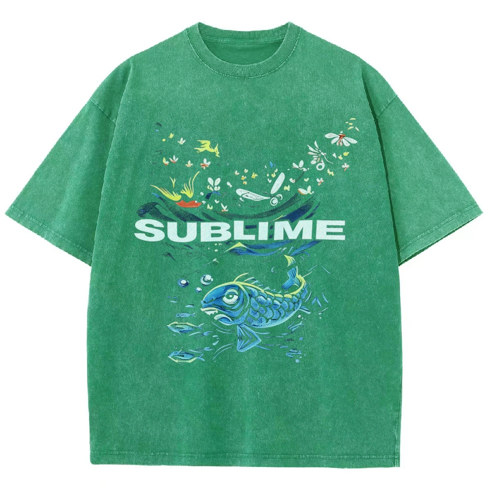 Front Blue Fish Motif Vibrant Sea Sun Back Oversized Tee