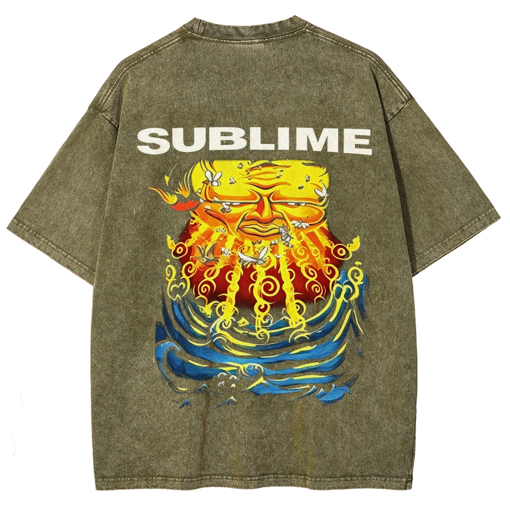 Front Blue Fish Motif Vibrant Sea Sun Back Oversized Tee