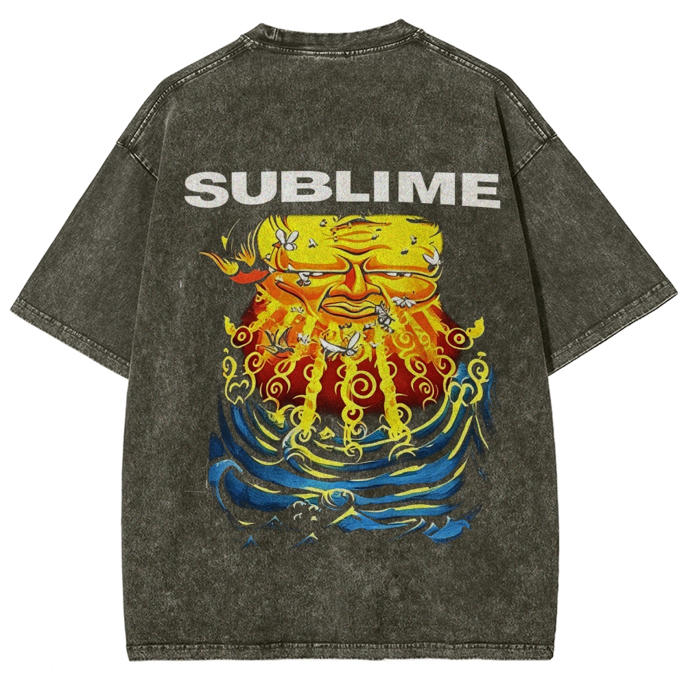 Front Blue Fish Motif Vibrant Sea Sun Back Oversized Tee
