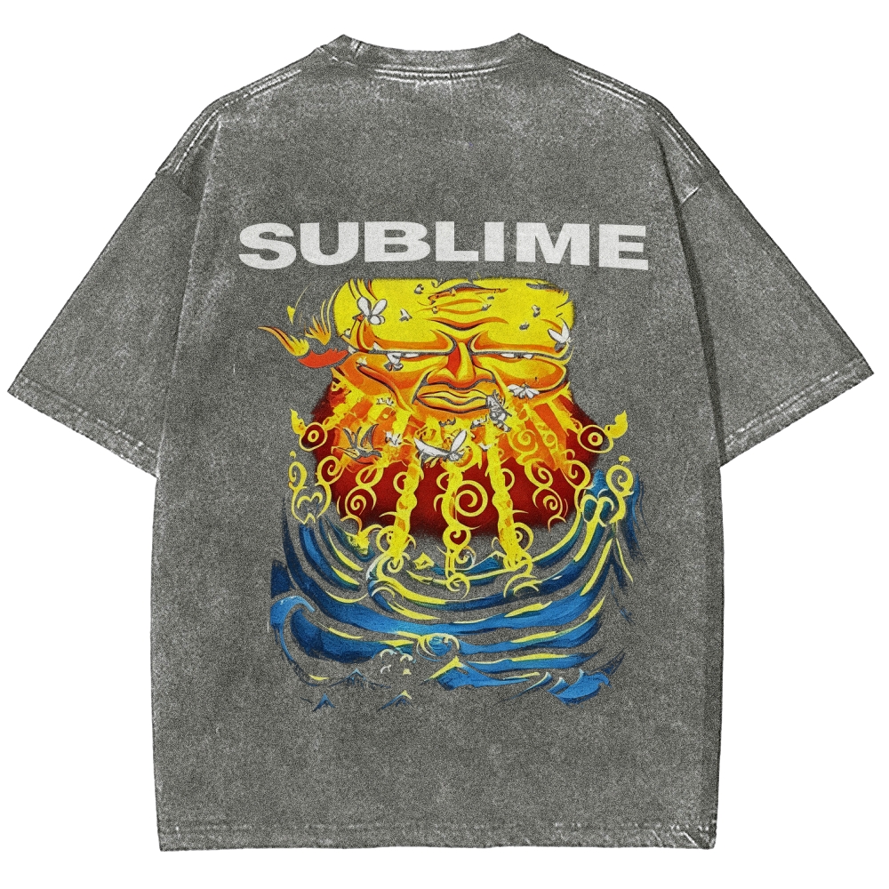 Front Blue Fish Motif Vibrant Sea Sun Back Oversized Tee