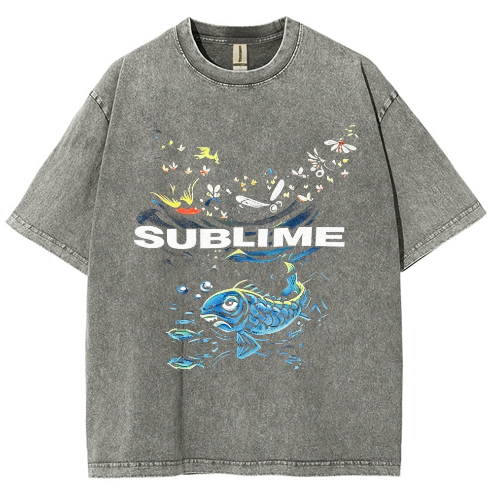 Front Blue Fish Motif Vibrant Sea Sun Back Oversized Tee