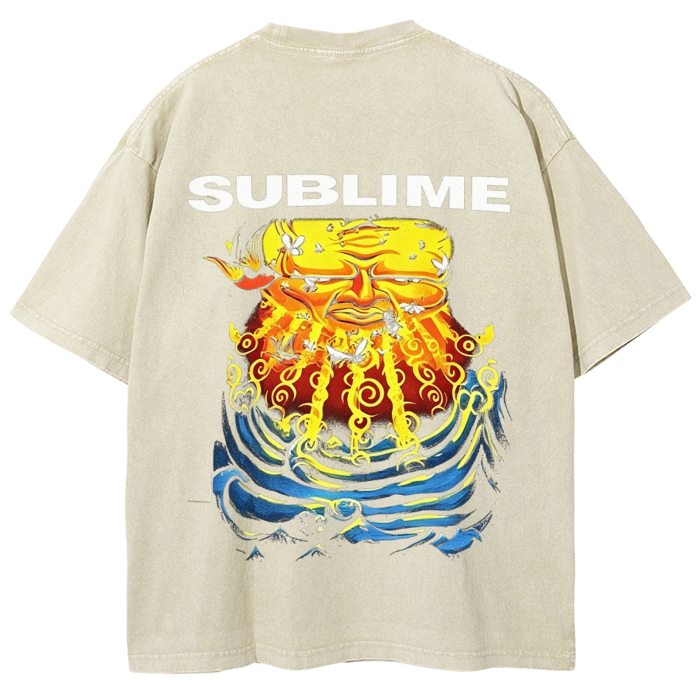Front Blue Fish Motif Vibrant Sea Sun Back Oversized Tee