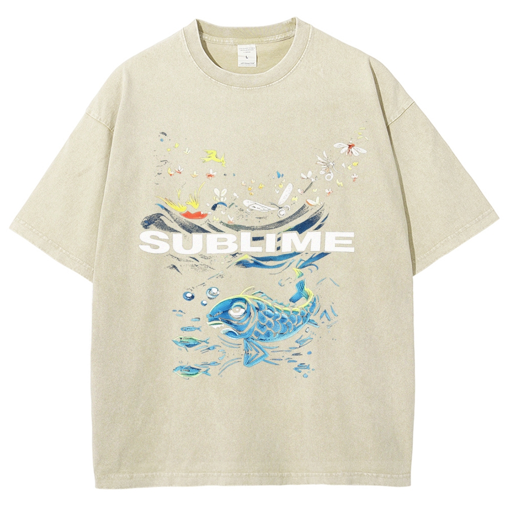 Front Blue Fish Motif Vibrant Sea Sun Back Oversized Tee