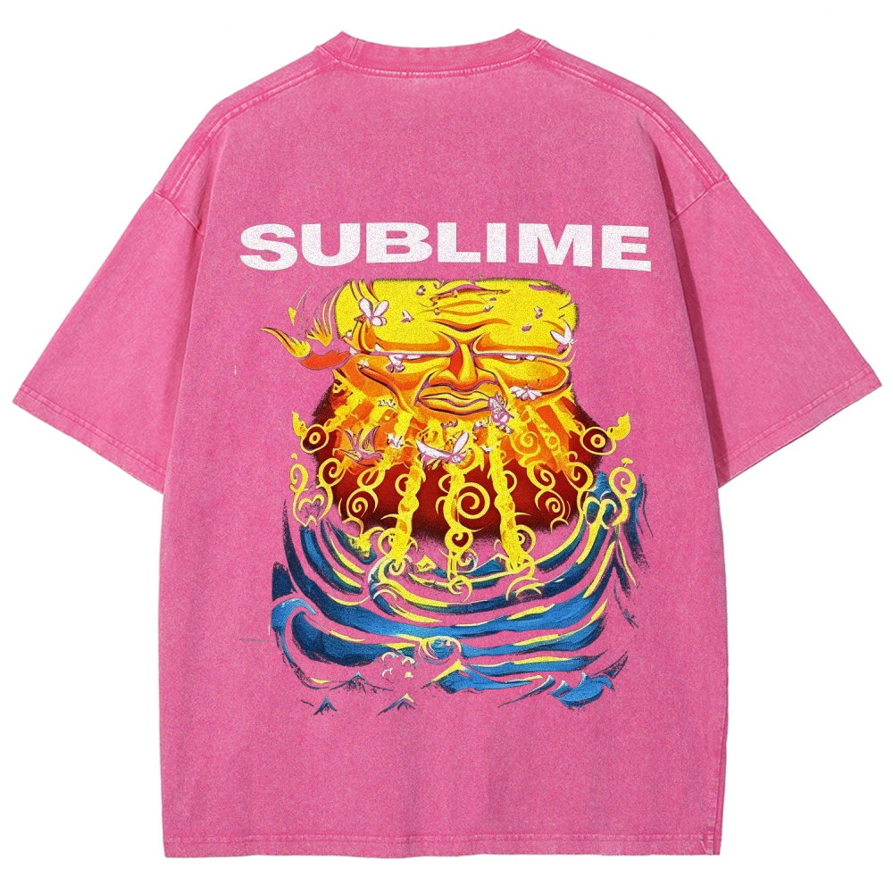 Front Blue Fish Motif Vibrant Sea Sun Back Oversized Tee