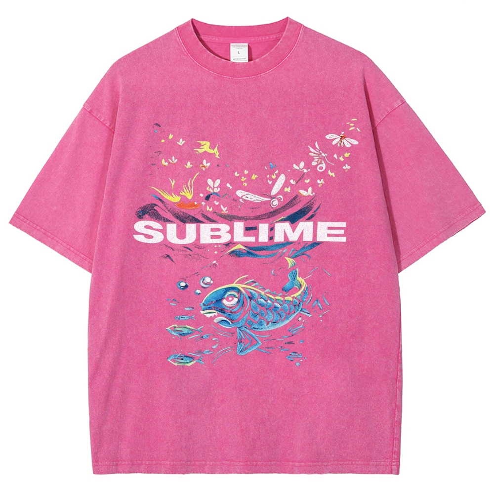 Front Blue Fish Motif Vibrant Sea Sun Back Oversized Tee
