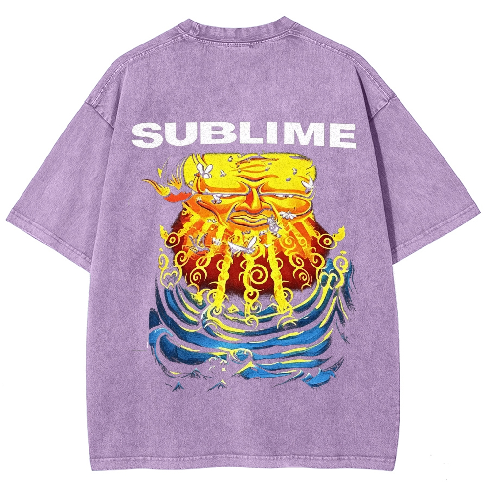 Front Blue Fish Motif Vibrant Sea Sun Back Oversized Tee