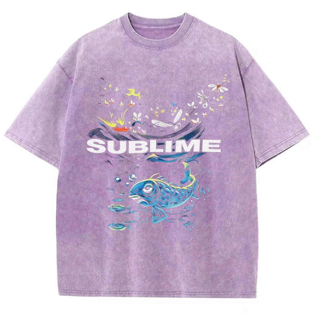 Front Blue Fish Motif Vibrant Sea Sun Back Oversized Tee