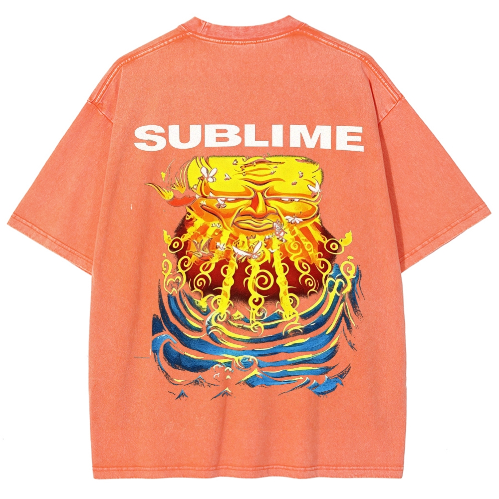 Front Blue Fish Motif Vibrant Sea Sun Back Oversized Tee