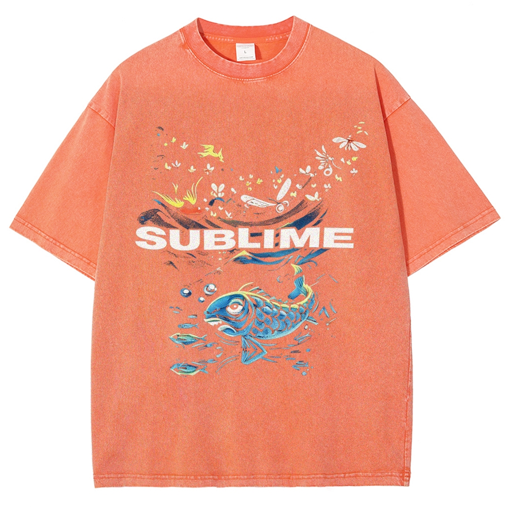 Front Blue Fish Motif Vibrant Sea Sun Back Oversized Tee