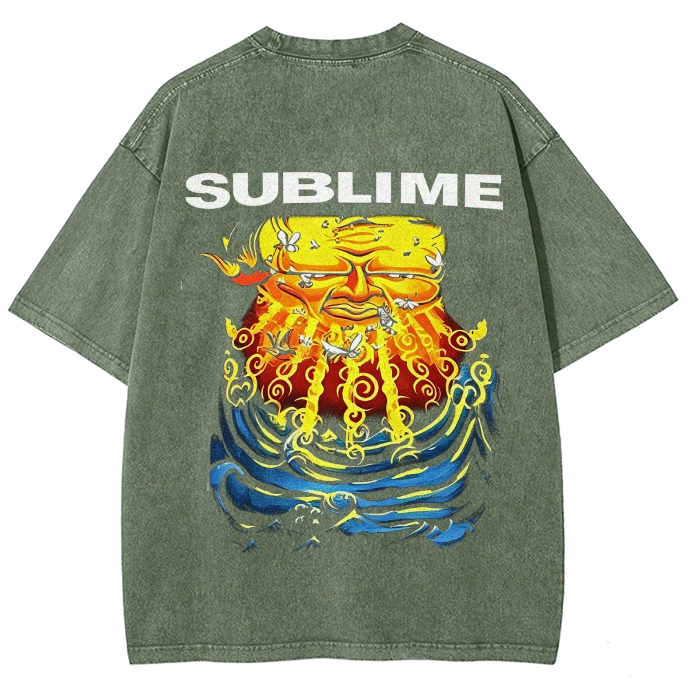 Front Blue Fish Motif Vibrant Sea Sun Back Oversized Tee