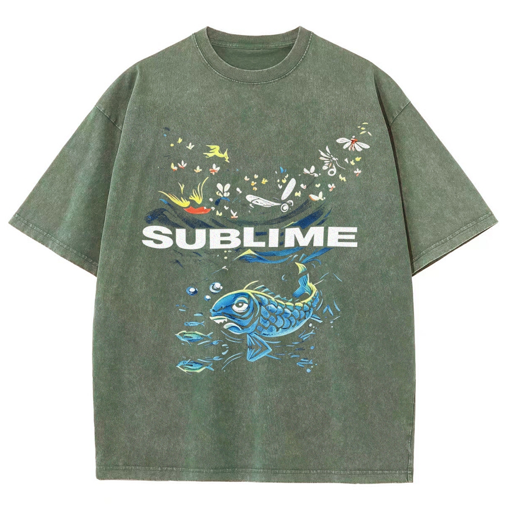 Front Blue Fish Motif Vibrant Sea Sun Back Oversized Tee