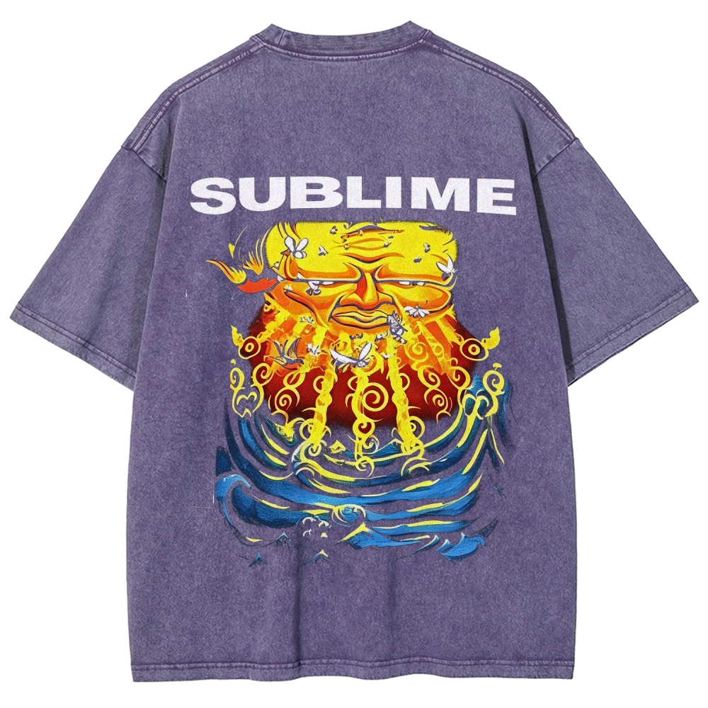 Front Blue Fish Motif Vibrant Sea Sun Back Oversized Tee