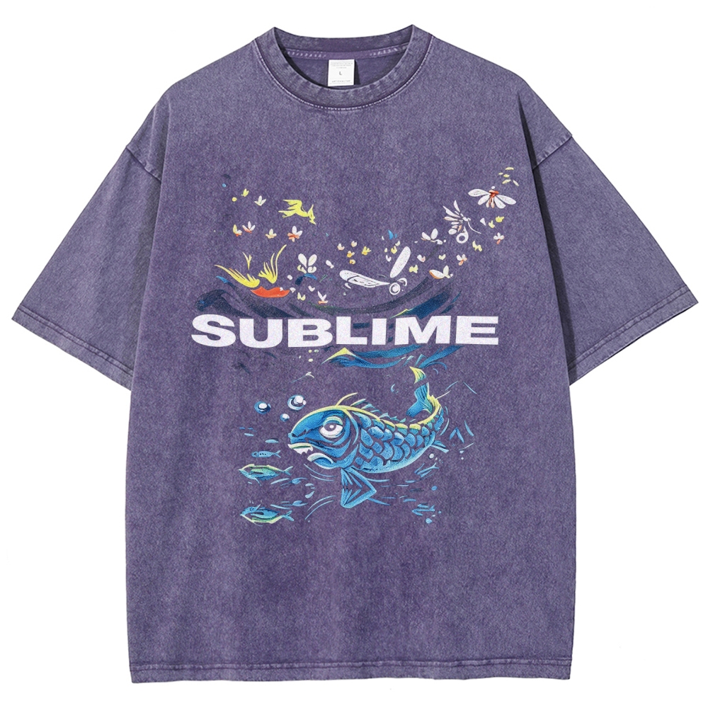 Front Blue Fish Motif Vibrant Sea Sun Back Oversized Tee