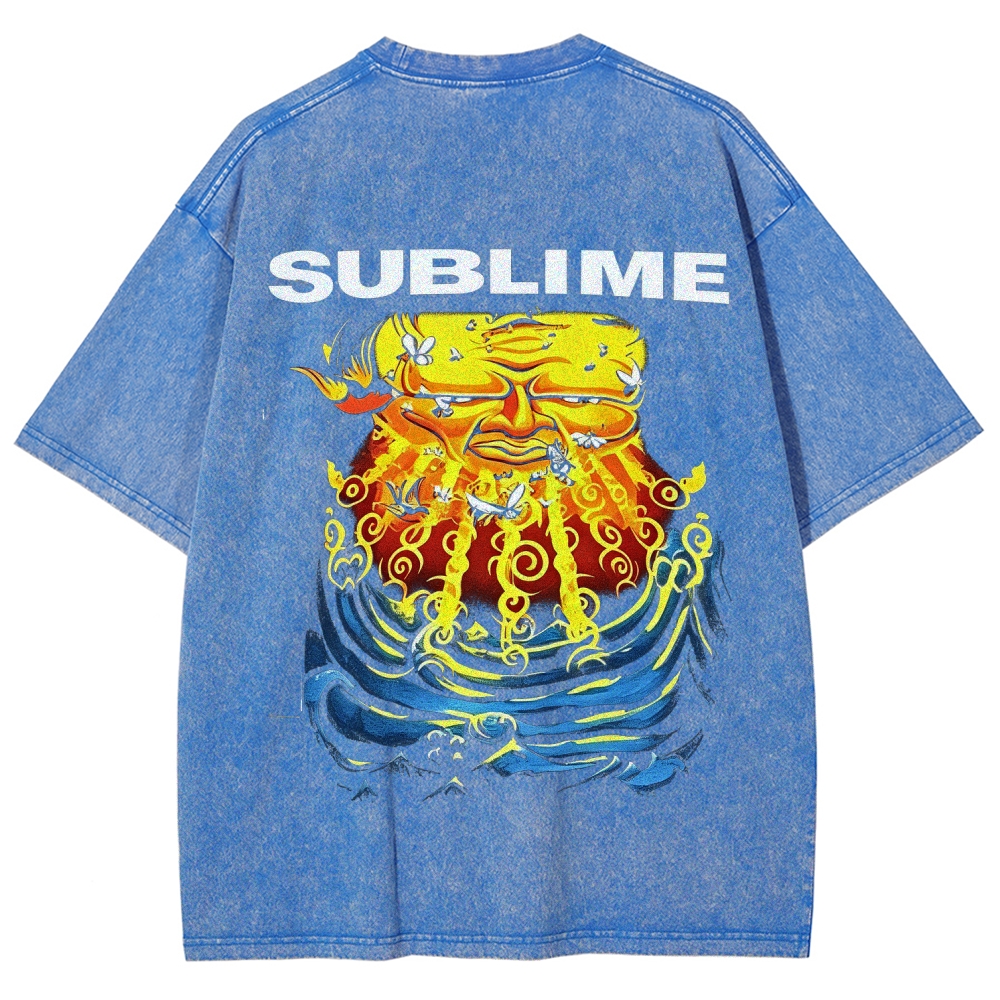Front Blue Fish Motif Vibrant Sea Sun Back Oversized Tee