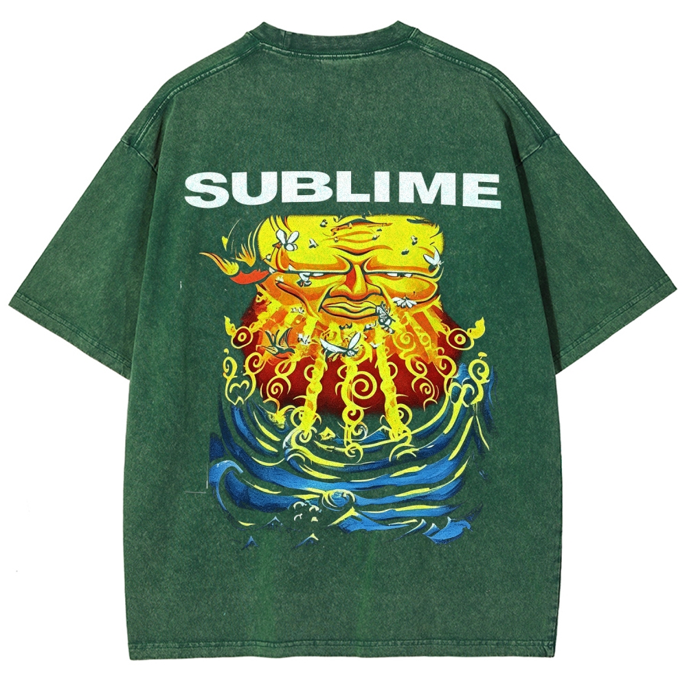 Front Blue Fish Motif Vibrant Sea Sun Back Oversized Tee