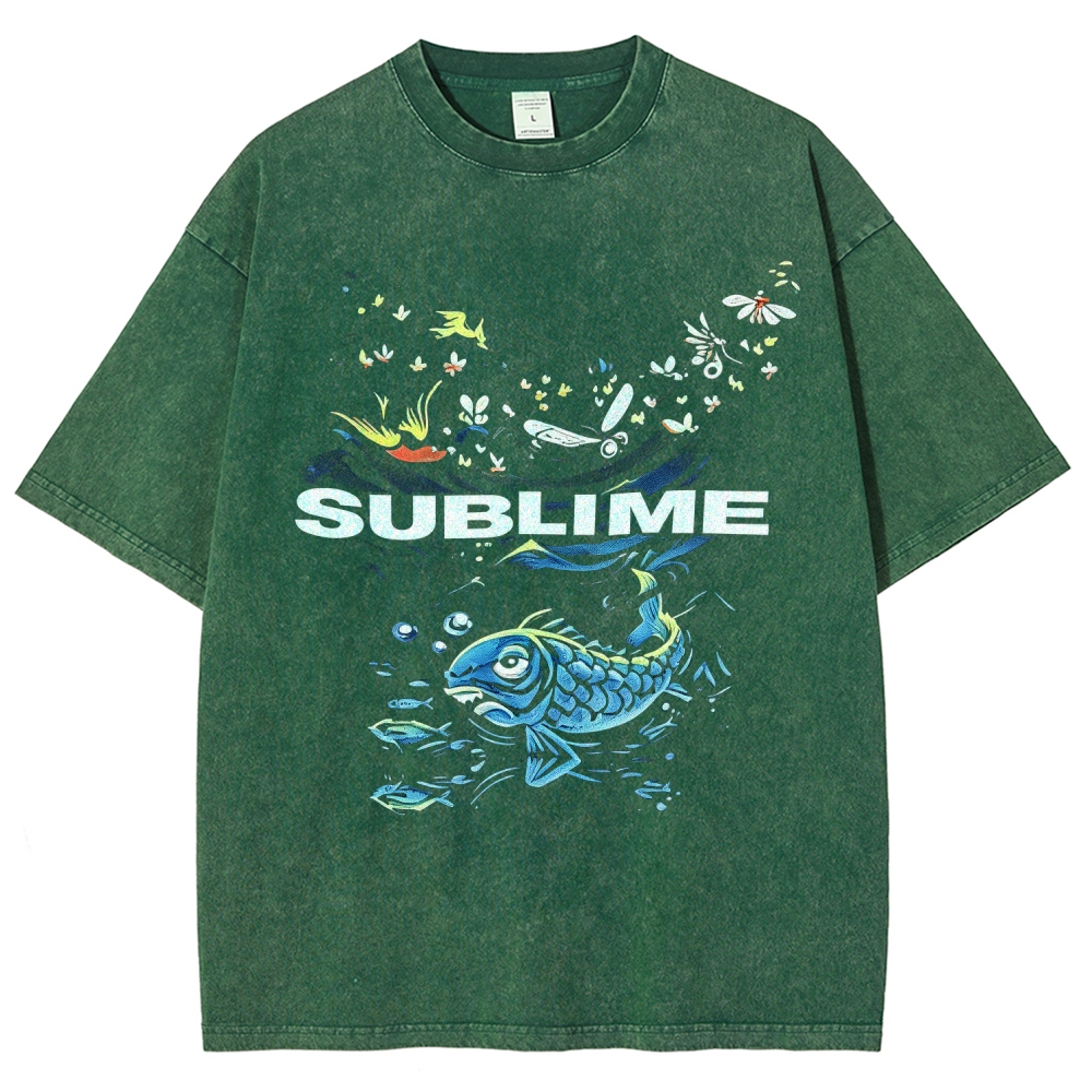 Front Blue Fish Motif Vibrant Sea Sun Back Oversized Tee