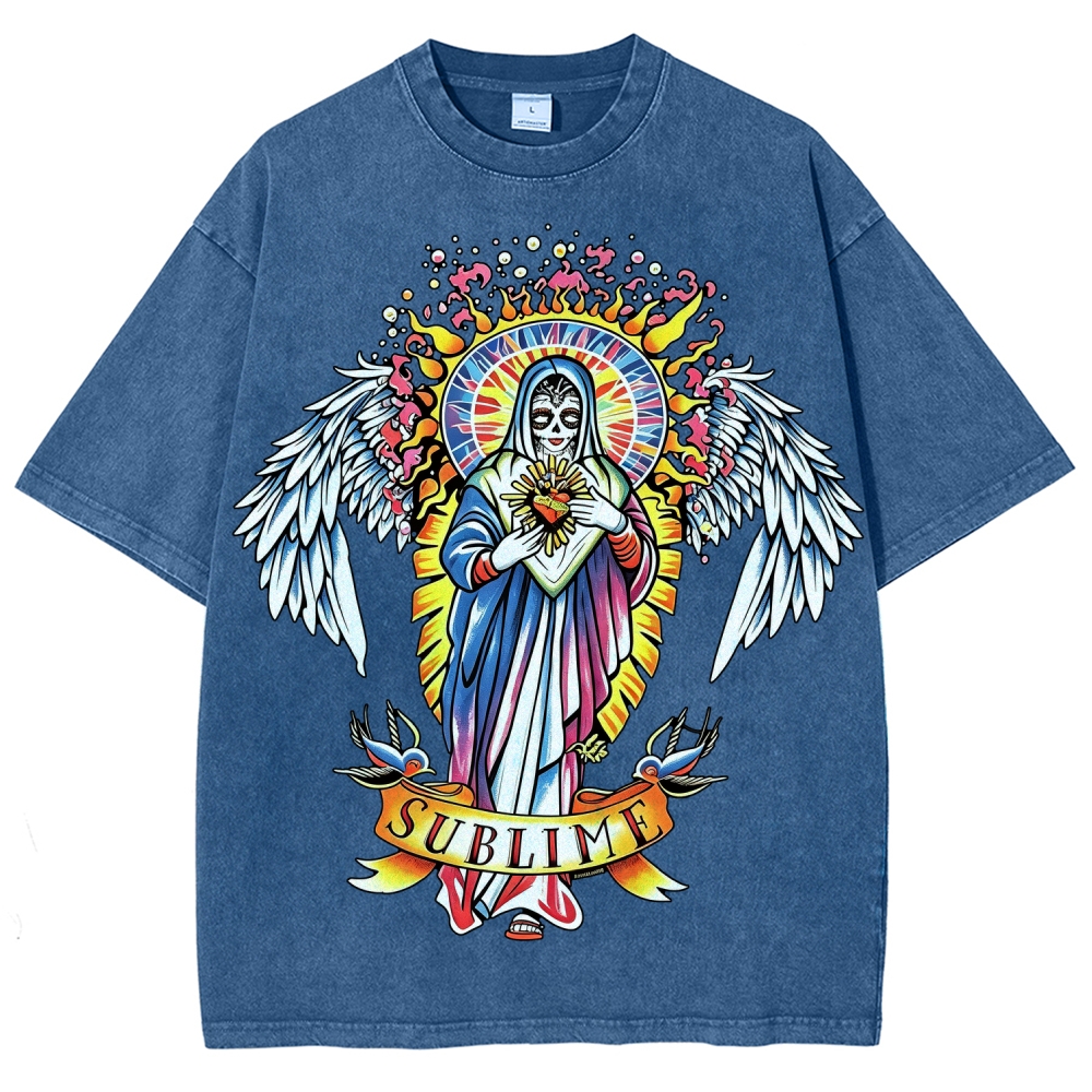 Vivid Tattoo-Style Front Saint Art Watercolor Sun Back Tee