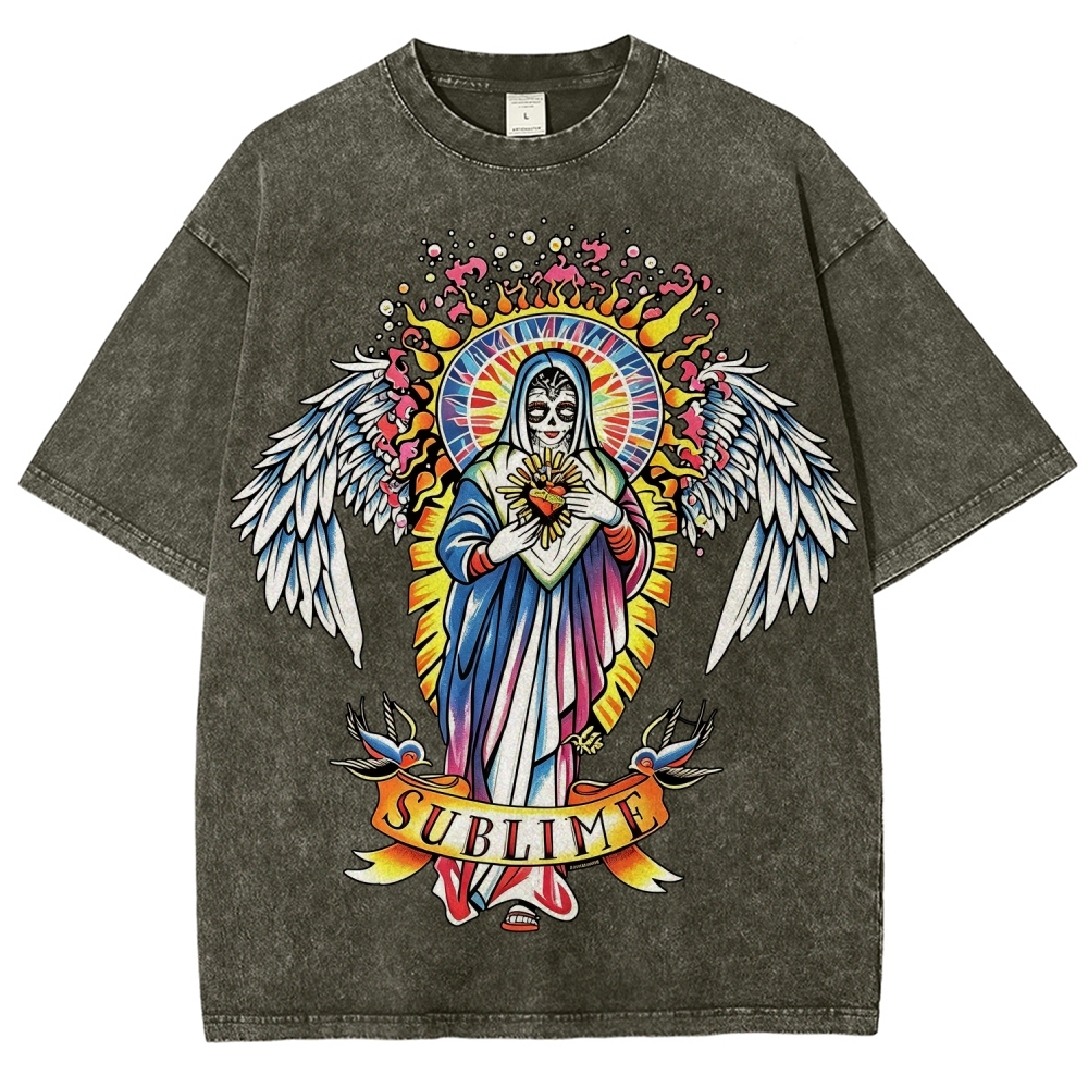 Vivid Tattoo-Style Front Saint Art Watercolor Sun Back Tee