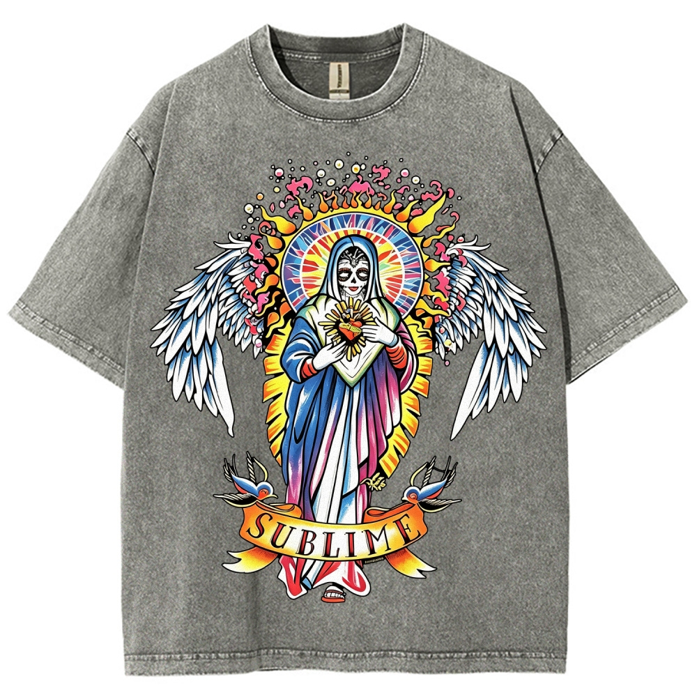 Vivid Tattoo-Style Front Saint Art Watercolor Sun Back Tee