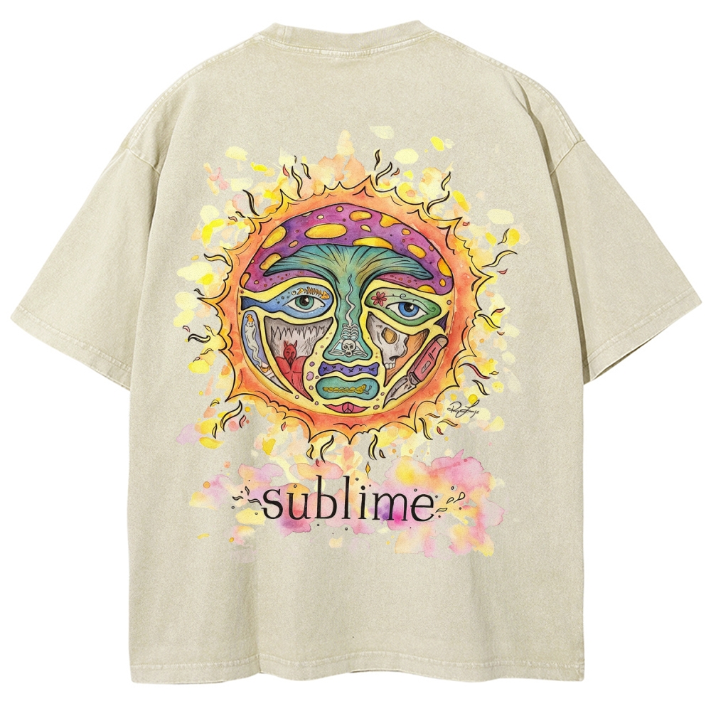 Vivid Tattoo-Style Front Saint Art Watercolor Sun Back Tee