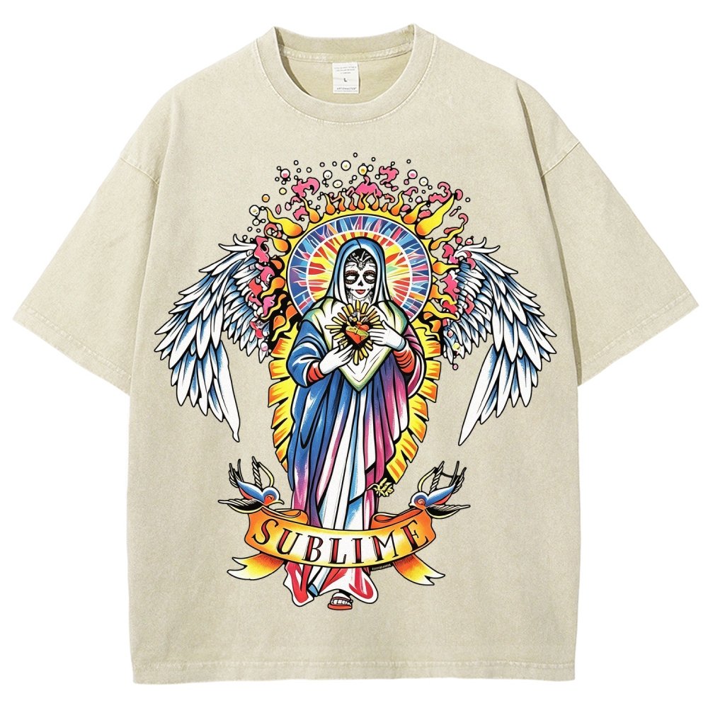 Vivid Tattoo-Style Front Saint Art Watercolor Sun Back Tee