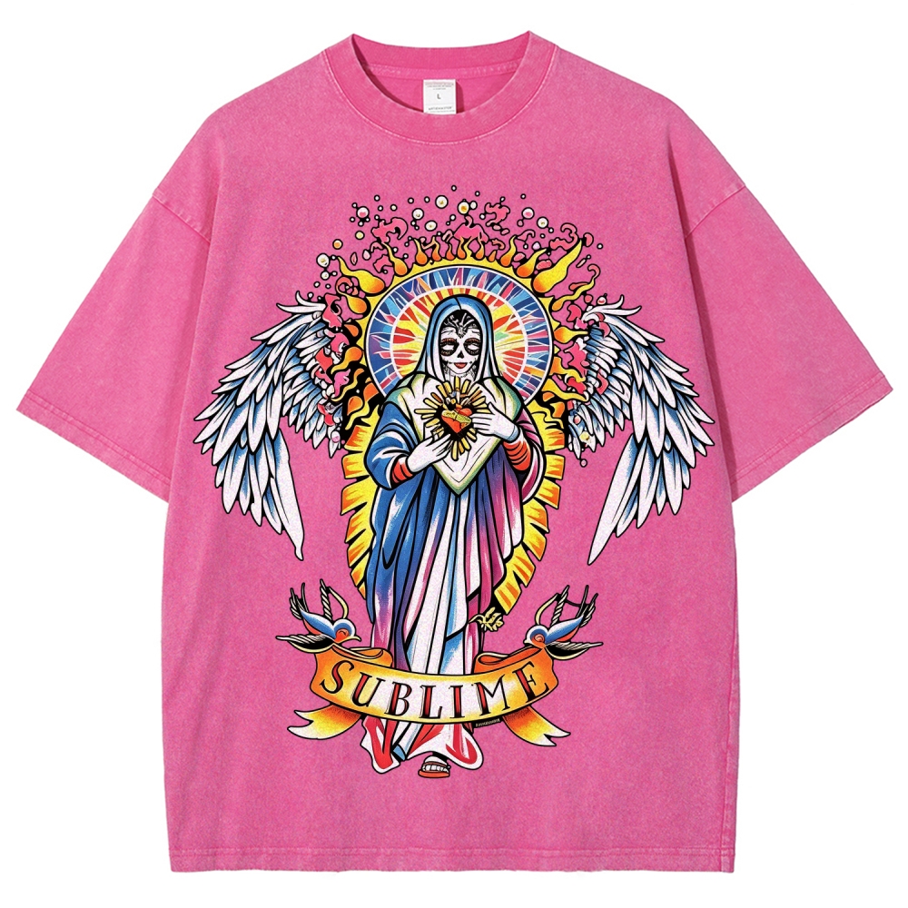 Vivid Tattoo-Style Front Saint Art Watercolor Sun Back Tee