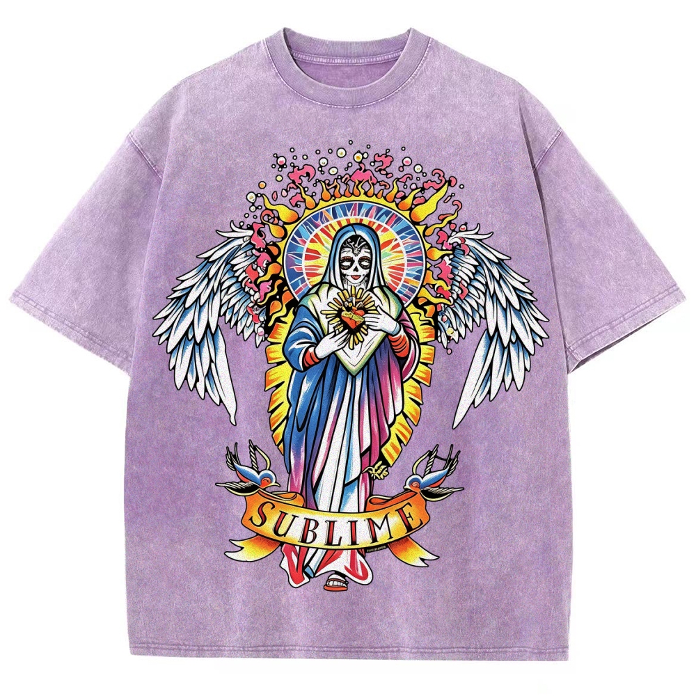 Vivid Tattoo-Style Front Saint Art Watercolor Sun Back Tee