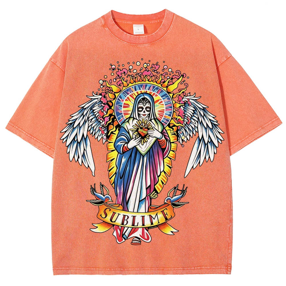 Vivid Tattoo-Style Front Saint Art Watercolor Sun Back Tee