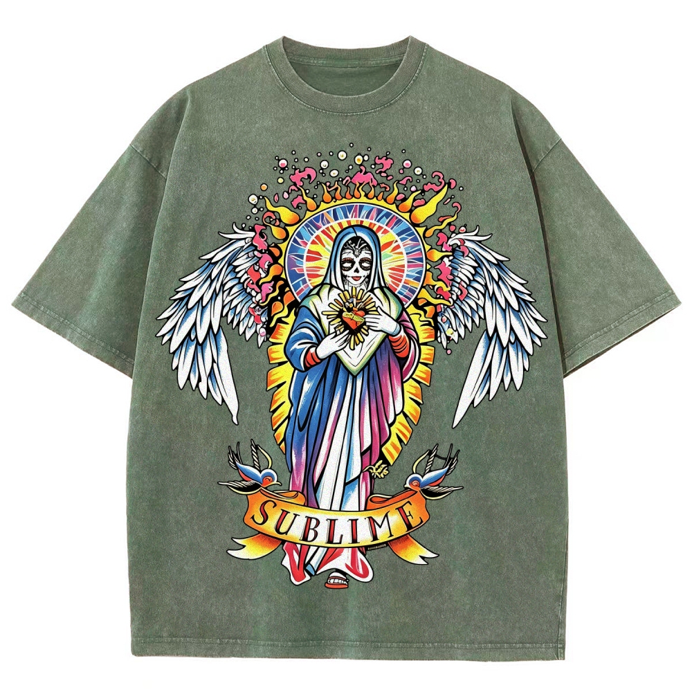 Vivid Tattoo-Style Front Saint Art Watercolor Sun Back Tee