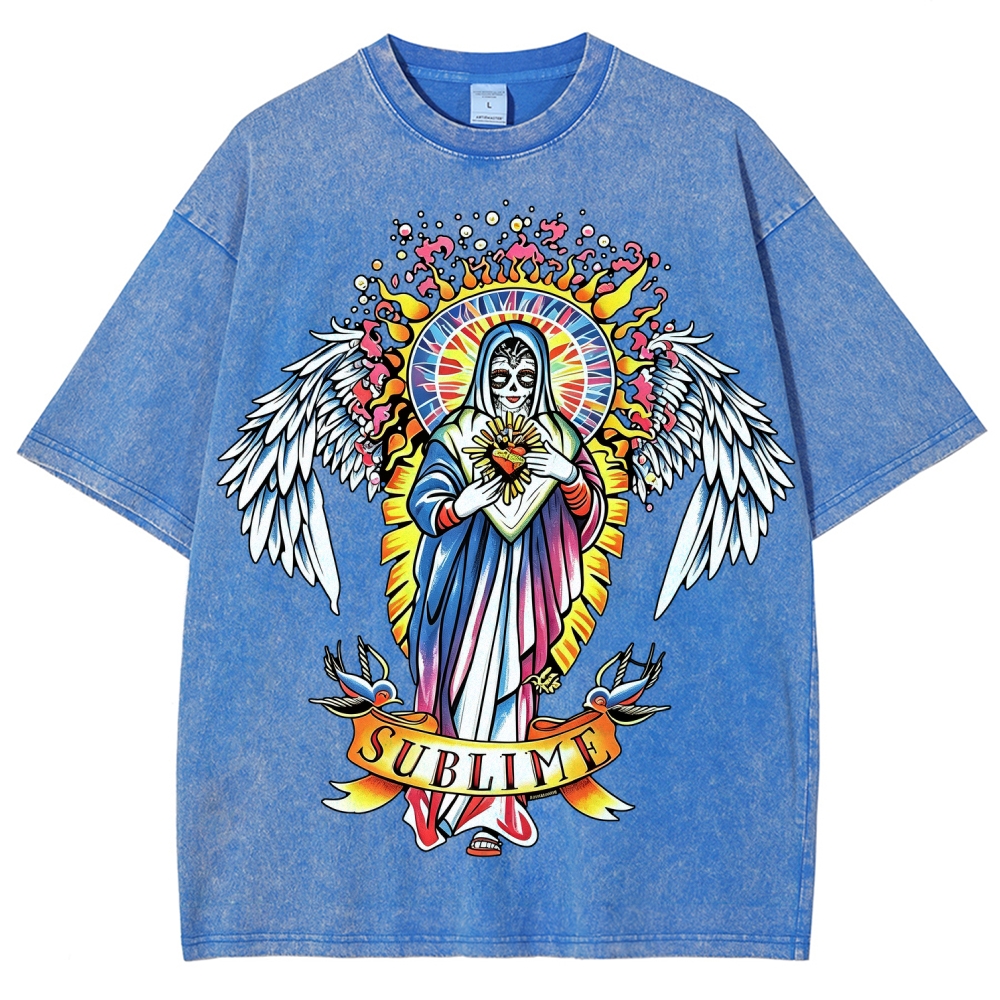 Vivid Tattoo-Style Front Saint Art Watercolor Sun Back Tee