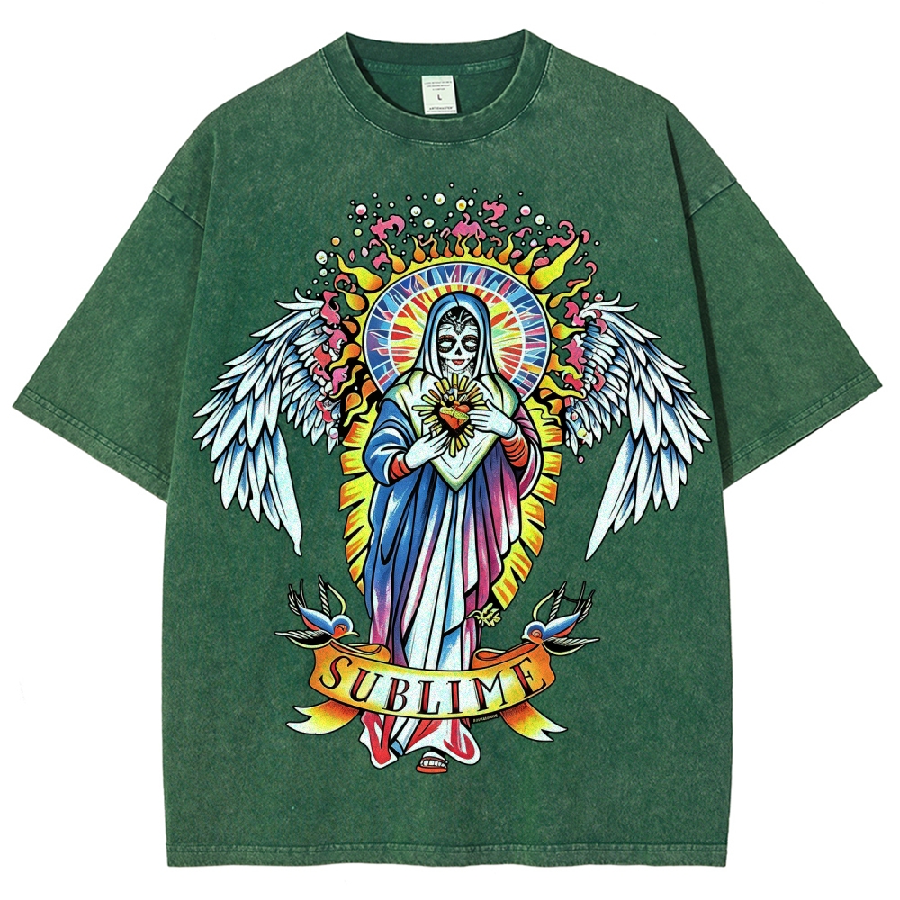 Vivid Tattoo-Style Front Saint Art Watercolor Sun Back Tee