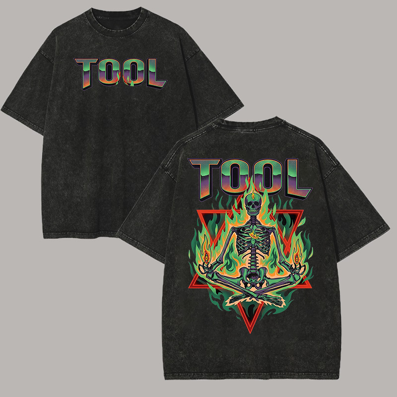 Flaming Meditation Skeleton Hexagram Oversized Metal Tee