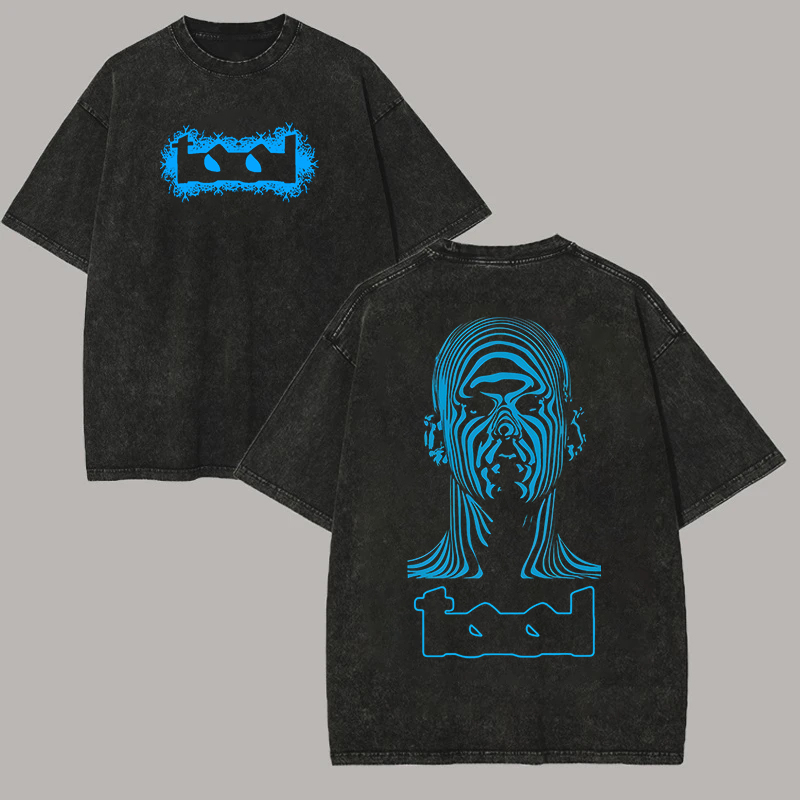 Neon Blue Surreal Line Face Oversized Vintage Rock Tee